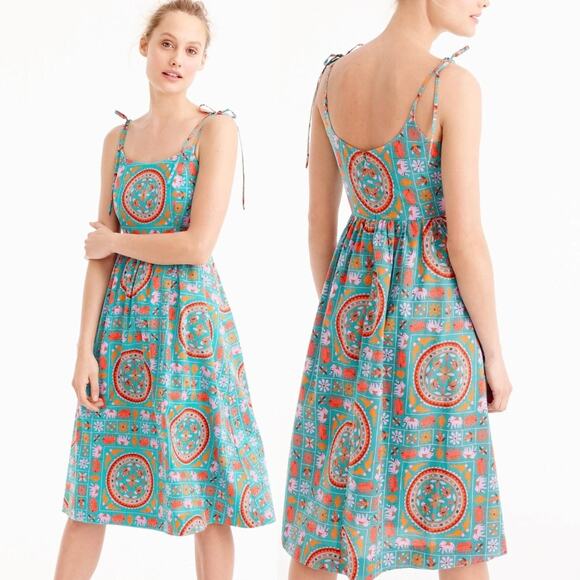 EUC Drake’s for J.Crew Elephant Tile Print Dress 2 Tie Shoulder Cotton Sundress - Picture 8 of 16